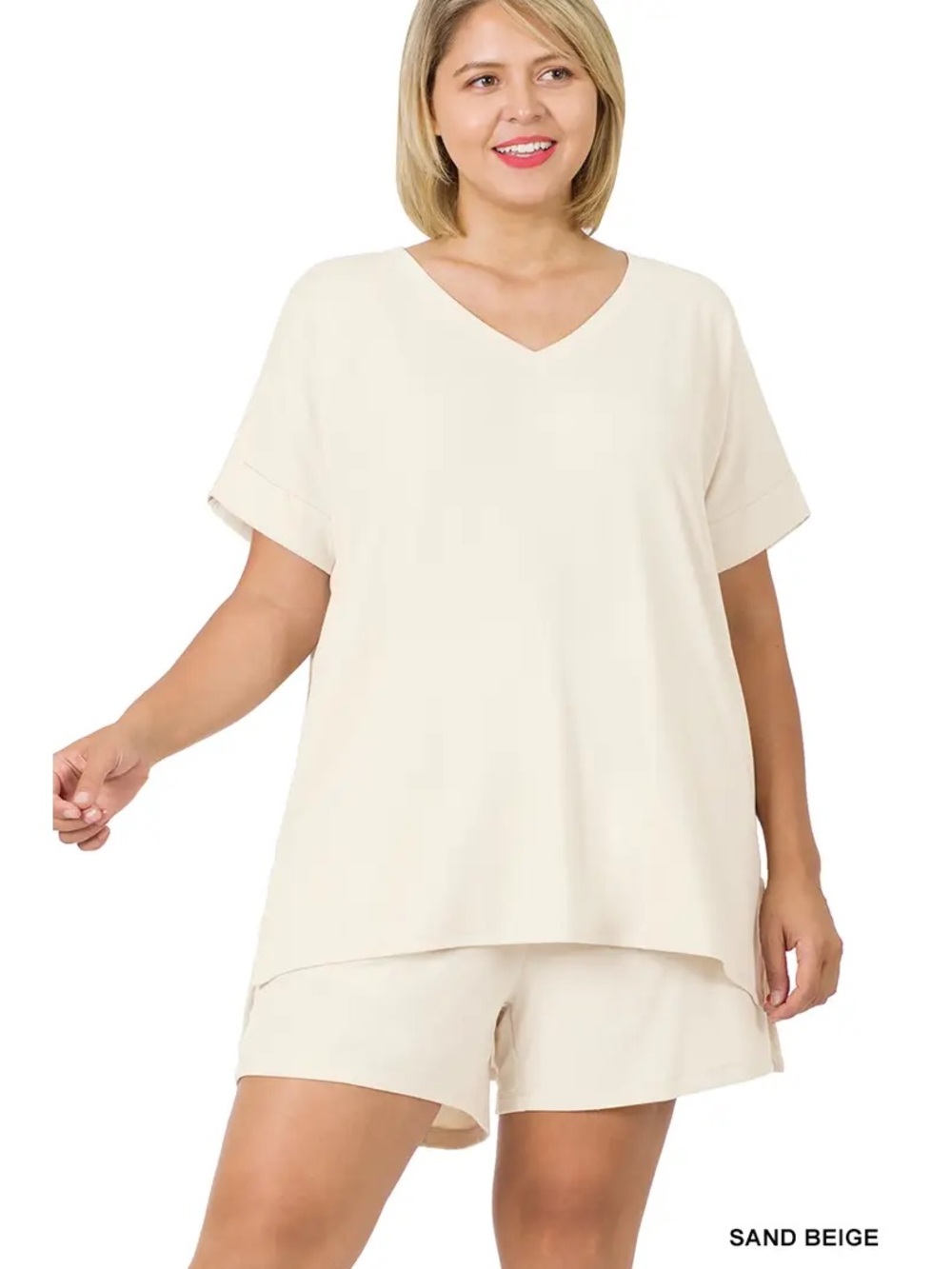 Zenana Plus Size Women's Sand Beige V-Neck 2-piece Set